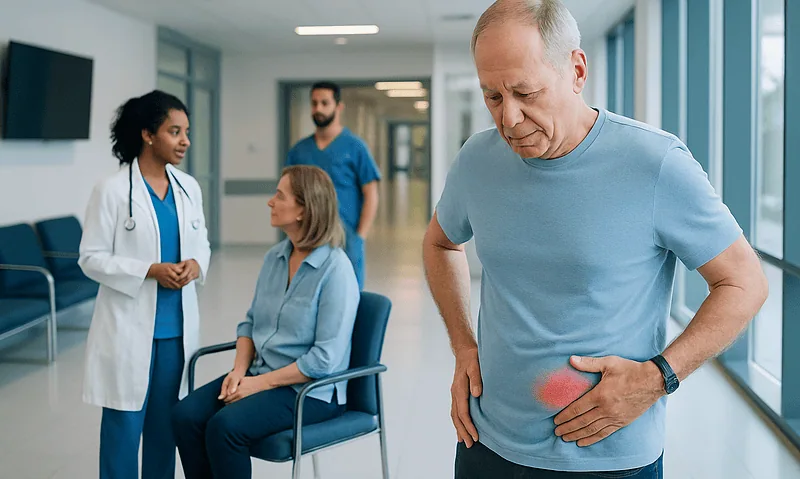 Older man experiencing hip pain in a hospital corridor.