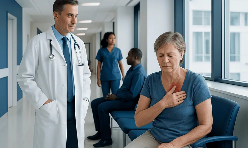 Doctor consulting a patient with chest discomfort in hospital corridor.