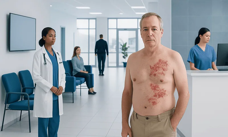 Middle-aged man with shingles rash in a hospital waiting area.