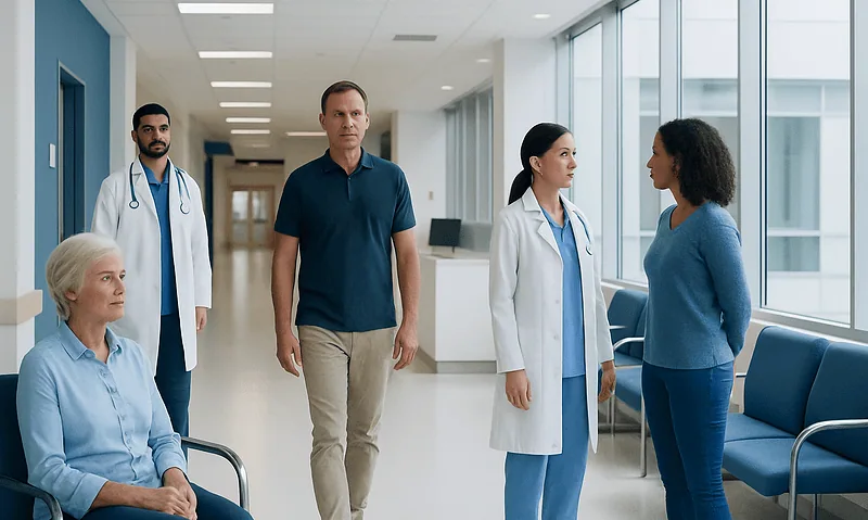 Patients and doctors in a hospital corridor at Acibadem Hospitals Group.