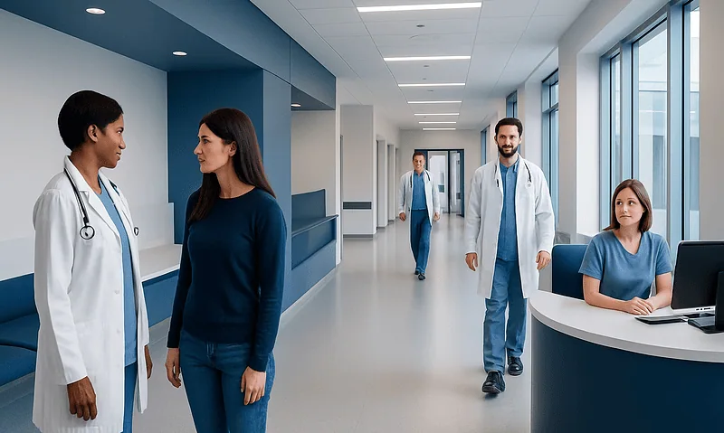 Medical staff and patient in hospital corridor at Acibadem Hospitals Group.
