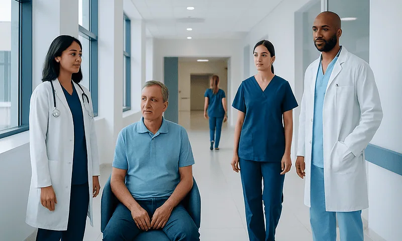 Medical team consulting with patient in hospital corridor.