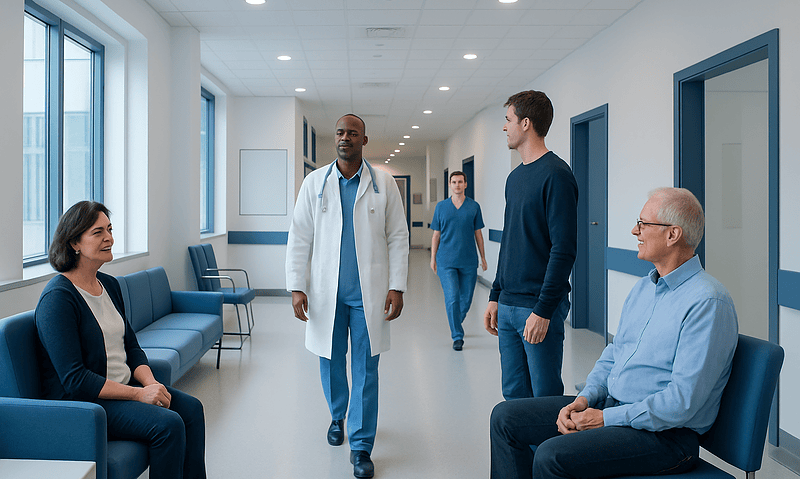Medical consultation in hospital corridor with doctor and patients.