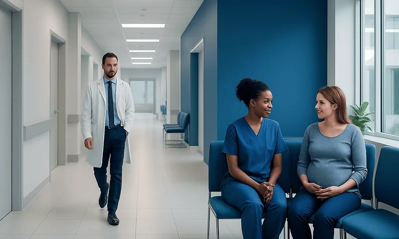 Doctor walking past two women in a hospital corridor.