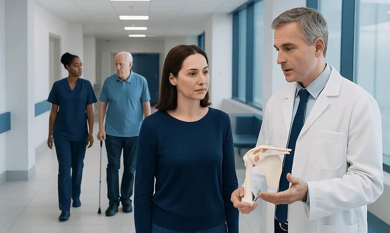 Doctor explaining shoulder joint anatomy to a patient in hospital corridor.