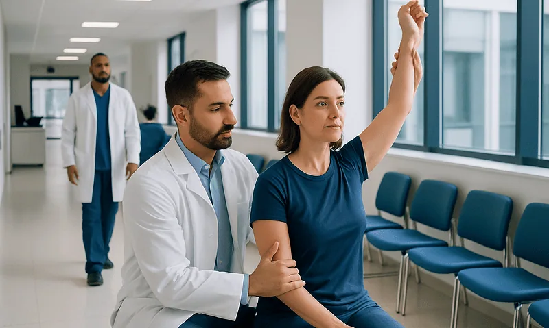 Patient undergoing shoulder mobility assessment with doctor in clinic.