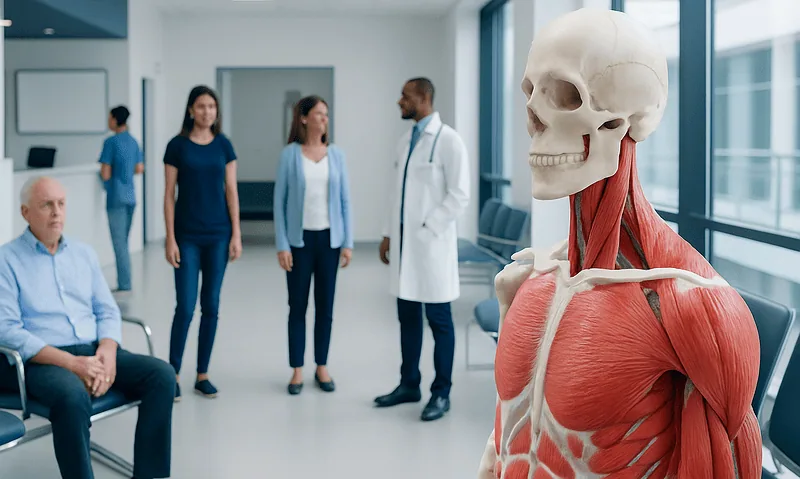 Medical staff and patient in hospital with anatomical skeleton model.