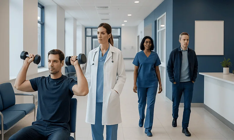 Patient performing shoulder exercises with medical staff supervision in hospital corridor.