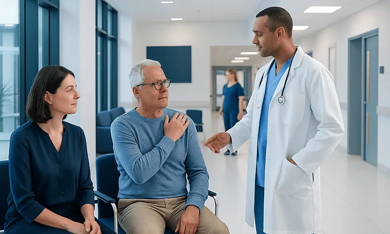 Doctor consulting with elderly patient about shoulder health in hospital.