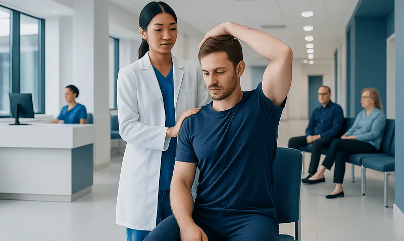 Doctor assisting patient with shoulder stretch in clinic setting.