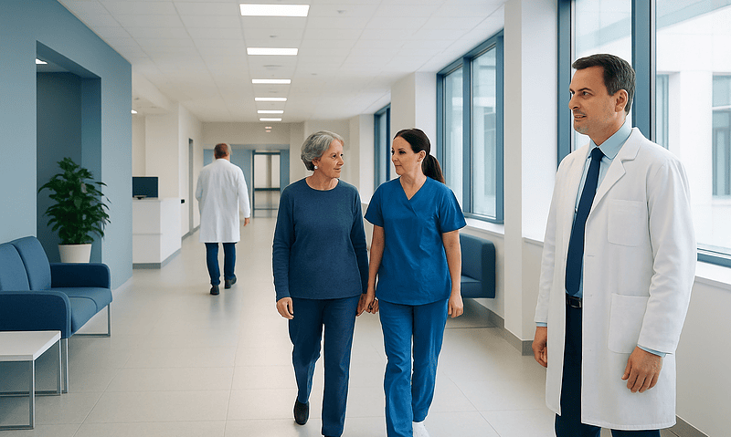 Medical professionals and patient walking in hospital corridor with doctors and nurse.