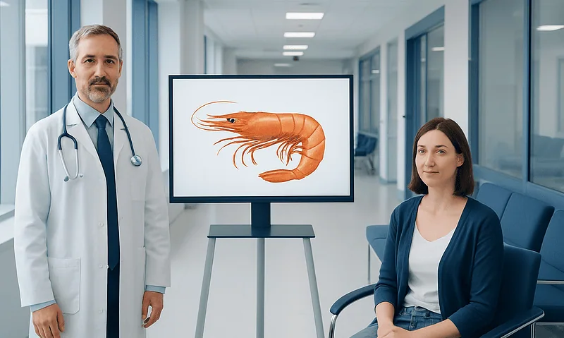 Doctor and patient in hospital corridor with shrimp diagram on screen.