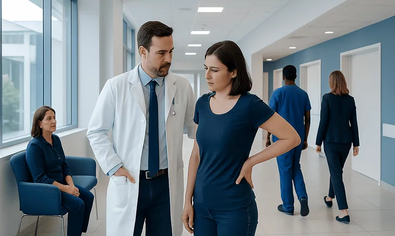 Doctor examining a woman with back pain in a hospital corridor.
