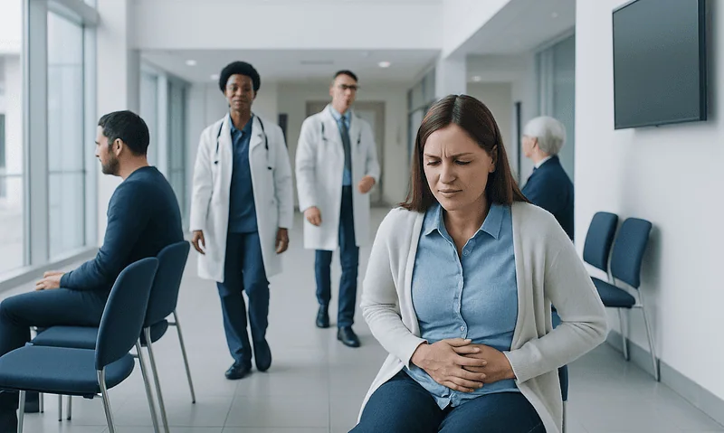 Woman experiencing stomach pain in a hospital waiting area with doctors nearby.