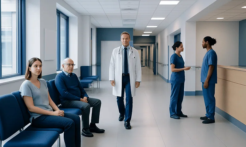 Hospital corridor with medical staff and patients in a modern healthcare facility.