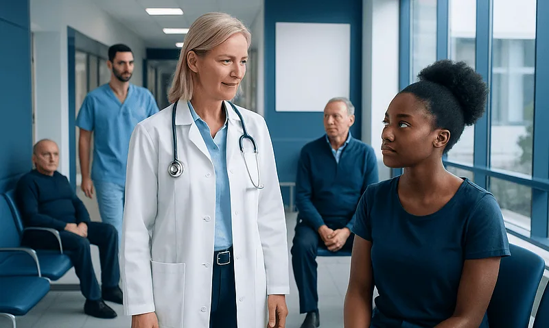 Doctor consulting a patient in a hospital corridor with other patients nearby.