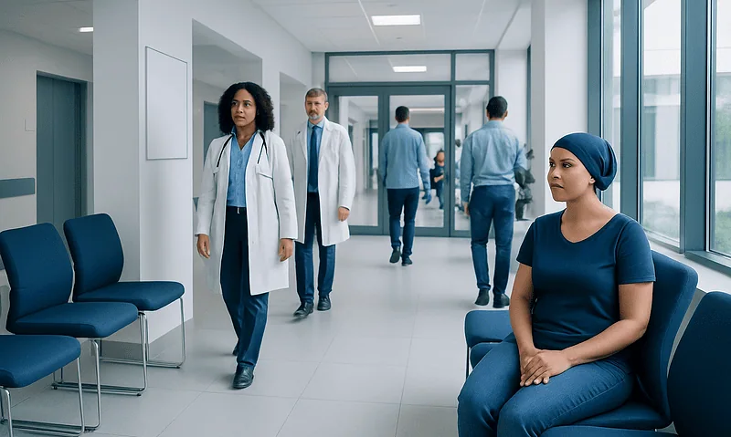 Healthcare professionals and a patient in a hospital corridor.