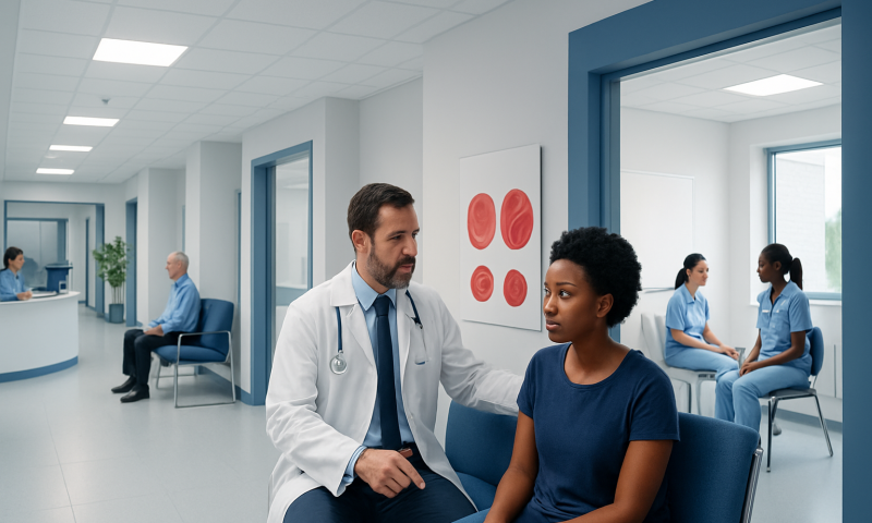 Doctor consulting with a patient in a modern hospital corridor.