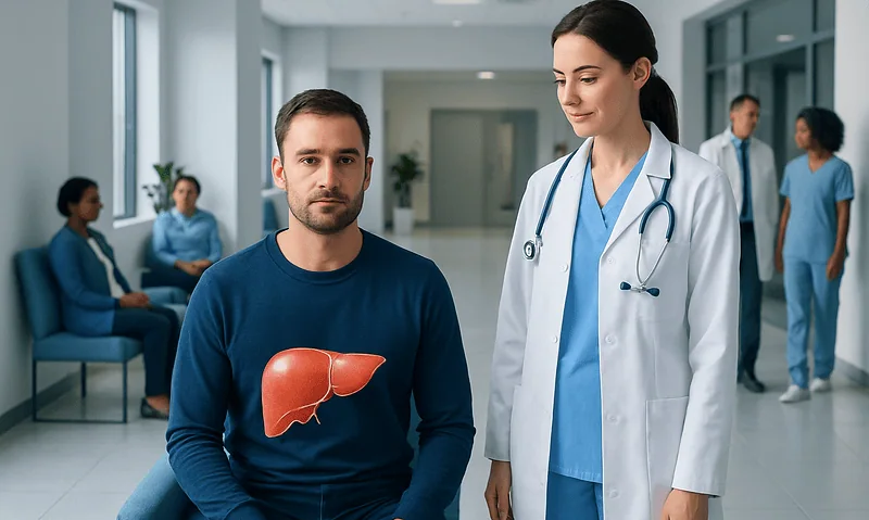 Patient with liver illustration consults healthcare professionals at hospital.