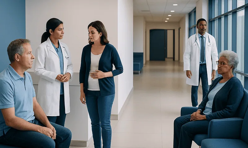 Doctors and patients in a hospital corridor engaging in consultation.