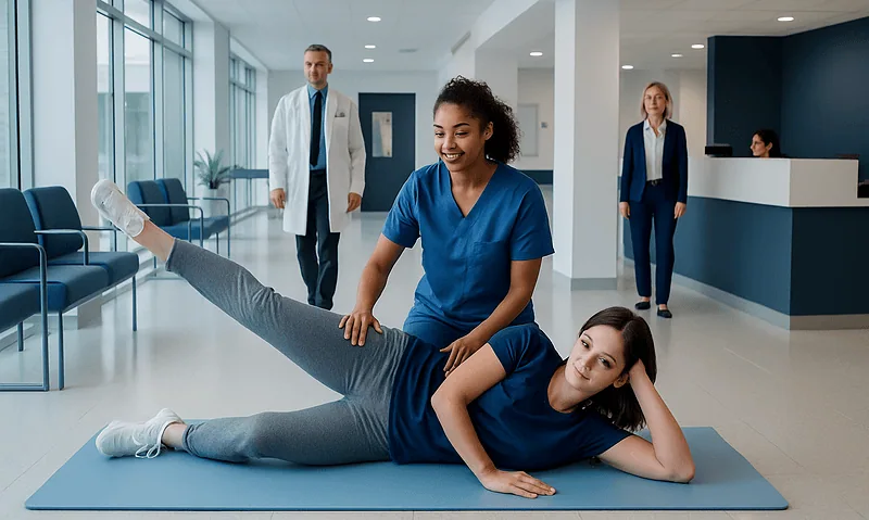 Physical therapy session at Acibadem Hospital with a therapist assisting patient.