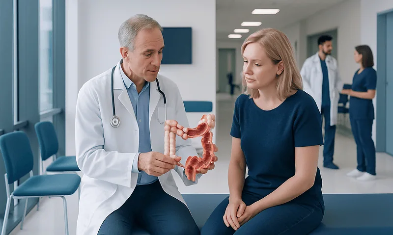 Doctor explaining colonoscopy procedure to patient in hospital corridor.