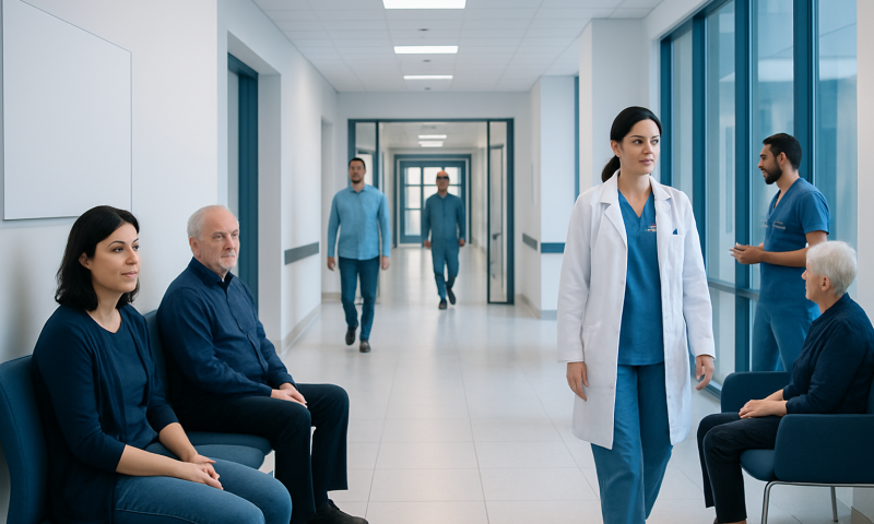Hospital corridor with medical staff and patients in a modern healthcare facility.