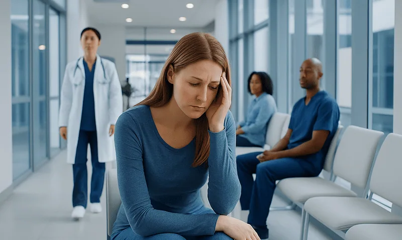 Patient experiencing discomfort in a hospital waiting area with medical staff nearby.