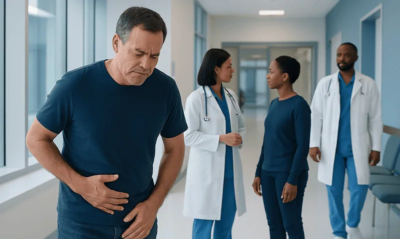 Man experiencing stomach pain in a hospital corridor with medical staff nearby.