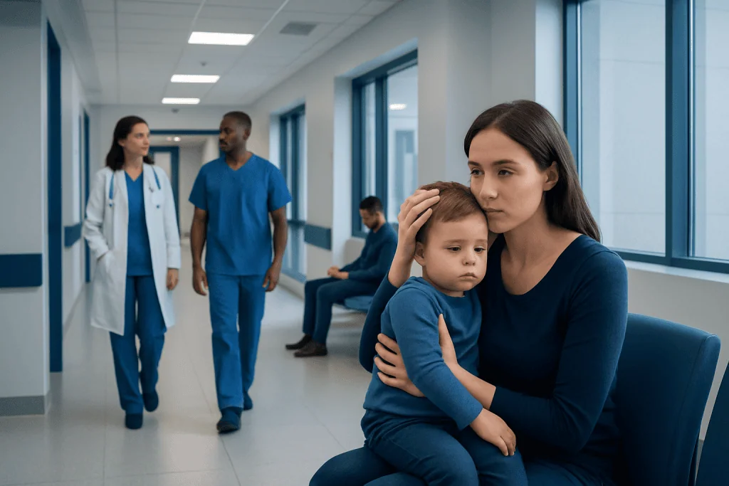 Signs of Concussion Toddler: Common Causes, Related Conditions, and When to See a Doctor 1 Child with concussion symptoms in hospital waiting area with mother and medical staff.