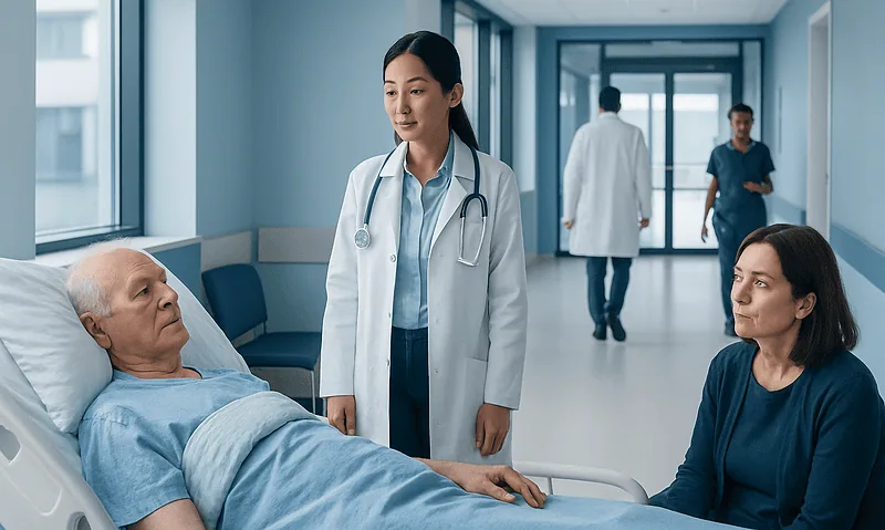 Doctor consulting with elderly patient and visitor in hospital ward.