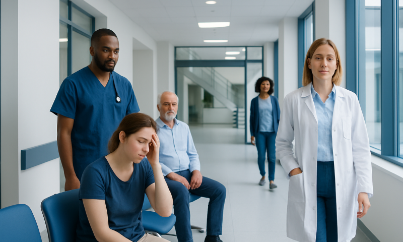Patients waiting in a hospital corridor with medical staff present.