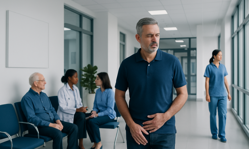 Middle-aged man experiencing discomfort in a hospital corridor.