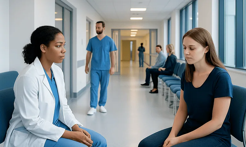 Doctor consulting a woman in a hospital corridor about STD symptoms.