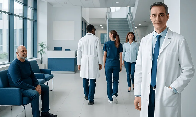 Medical professionals and patient in a modern hospital lobby.