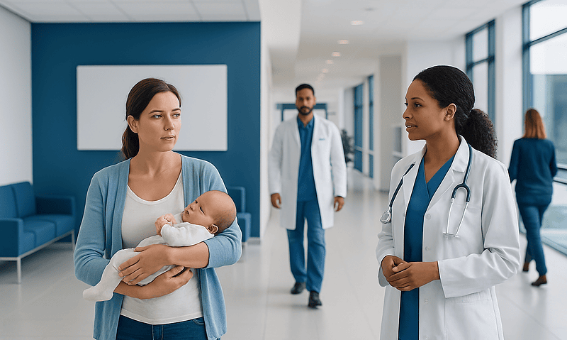 Mother holding a baby in a hospital corridor with medical staff nearby.