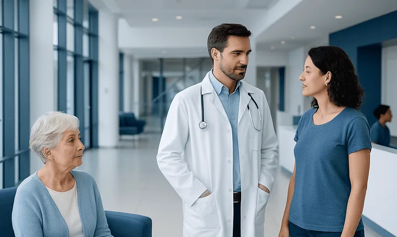 Doctor consulting with a female patient in a hospital lobby.