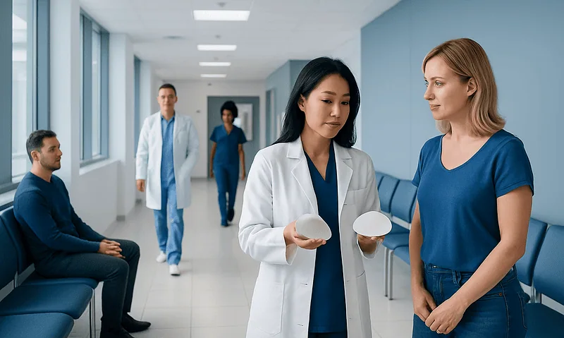 Medical professionals discussing breast implants in a hospital corridor.
