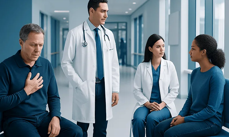Doctor consulting with patient and medical staff in hospital corridor.