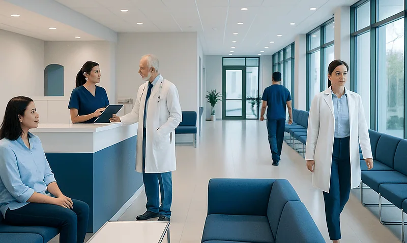 Medical staff and patients in a modern hospital waiting area.
