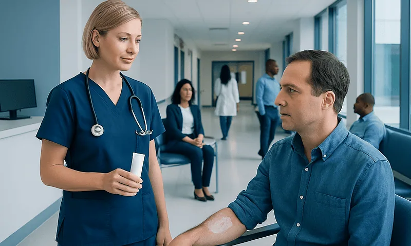 Healthcare professional consulting a patient in a hospital corridor.