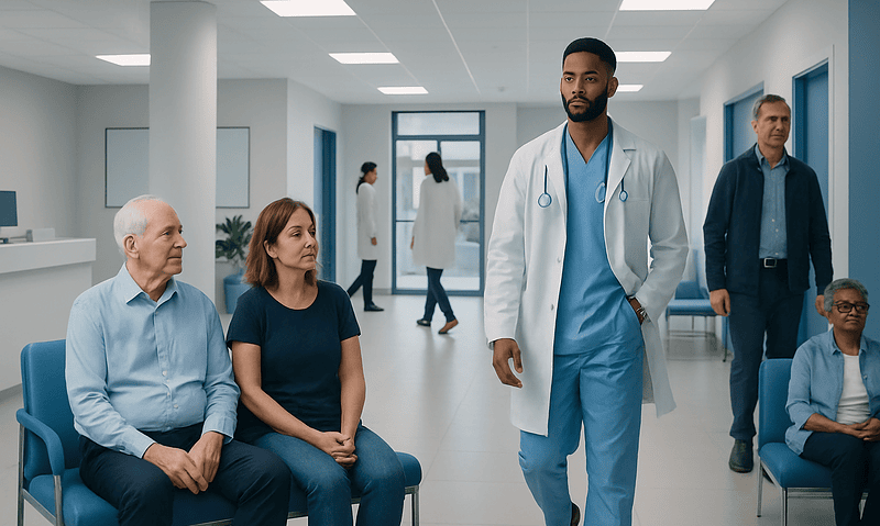 Doctor consulting with elderly patients in hospital waiting area.