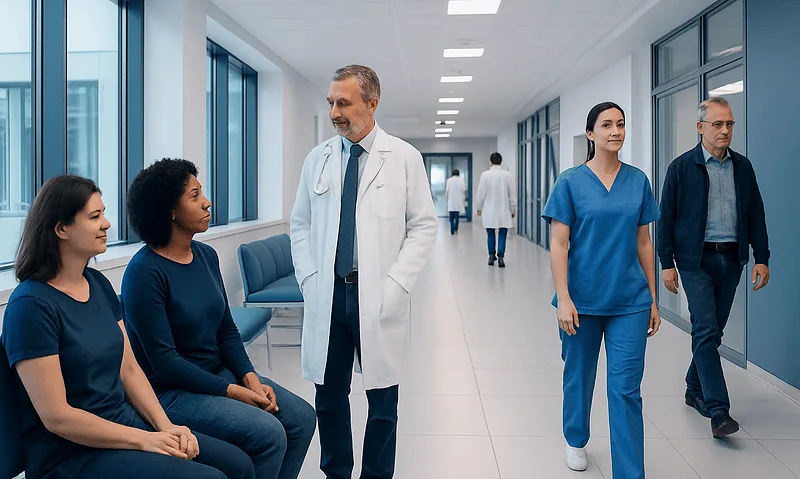 Medical professionals and patients in a hospital corridor.