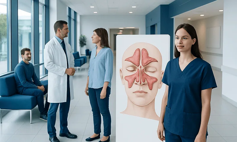 Medical professionals discussing sinus anatomy in a hospital corridor.