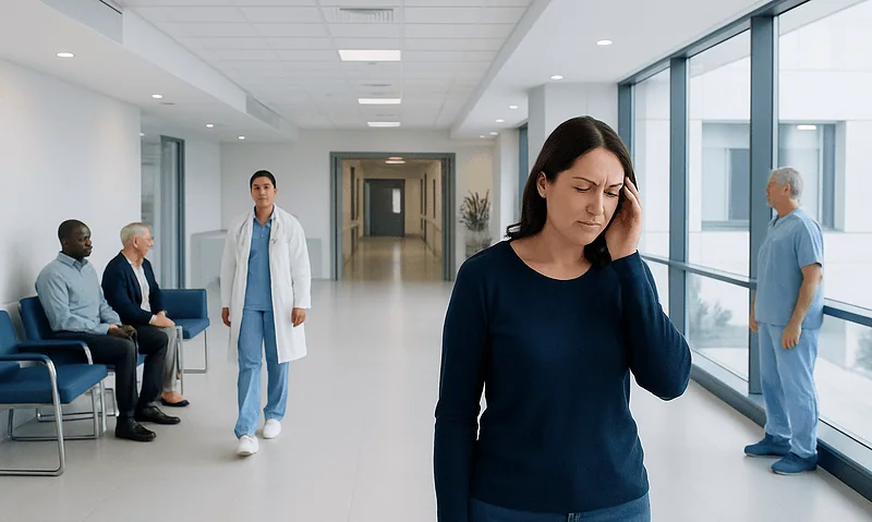 Woman with headache in hospital corridor with doctors and patients.