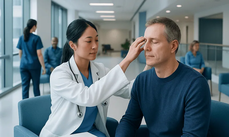 Doctor examining a patient's sinus area in a hospital setting.