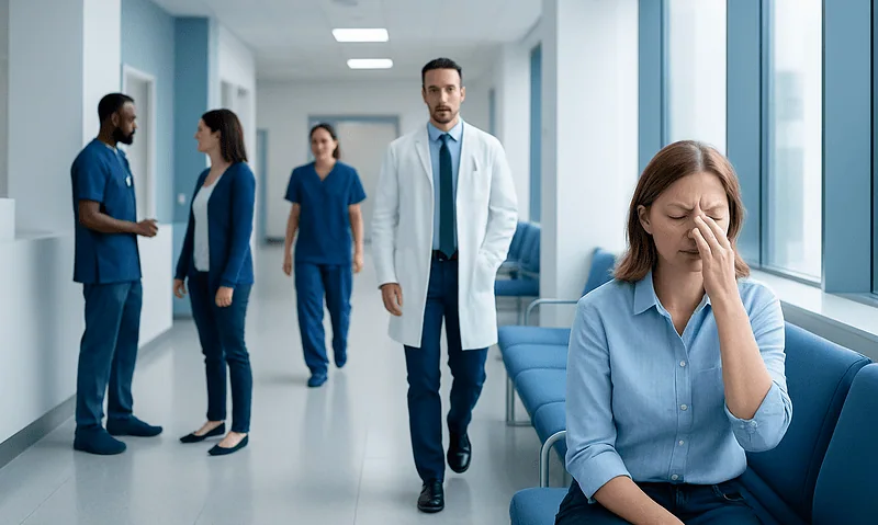 Patient experiencing sinus pressure in a hospital corridor.