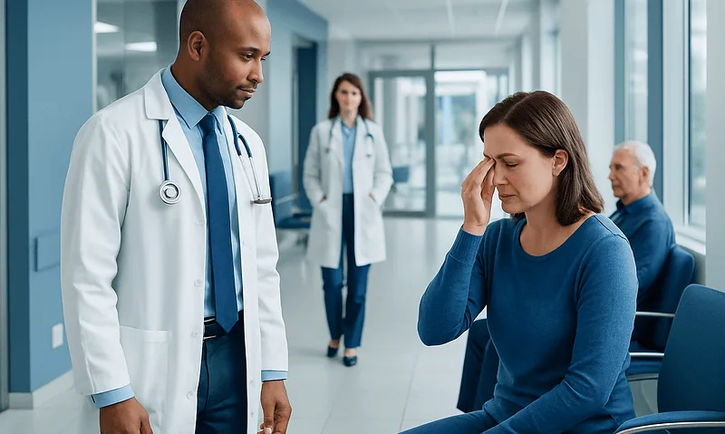 Doctor consulting a woman with sinus pain in a hospital corridor.