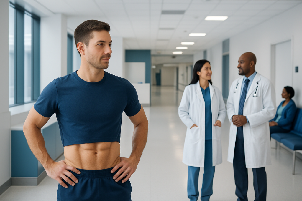 Six Pack and Abs: A Complete Medical Overview 1 Young man with defined abs in hospital corridor during medical consultation.