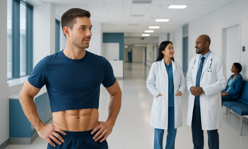 Young man with defined abs in hospital corridor during medical consultation.